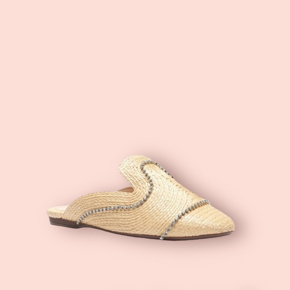 SCHUTZ Heide Crystal Embellished Faux Raffia Slide Flats NEW